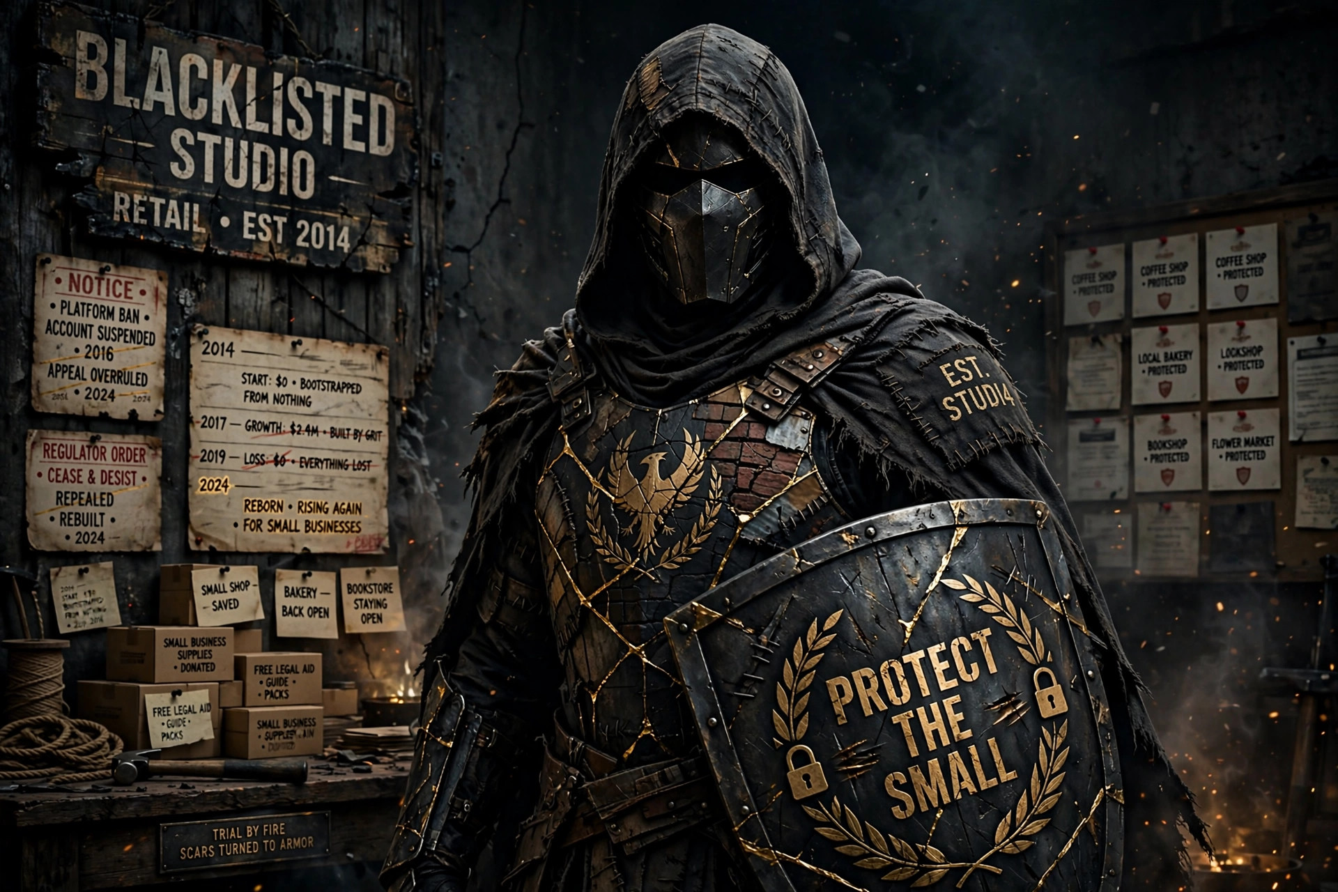 A battle-worn armored guardian holding a shield that reads Protect the Small — the founder's trial by fire turned into armor