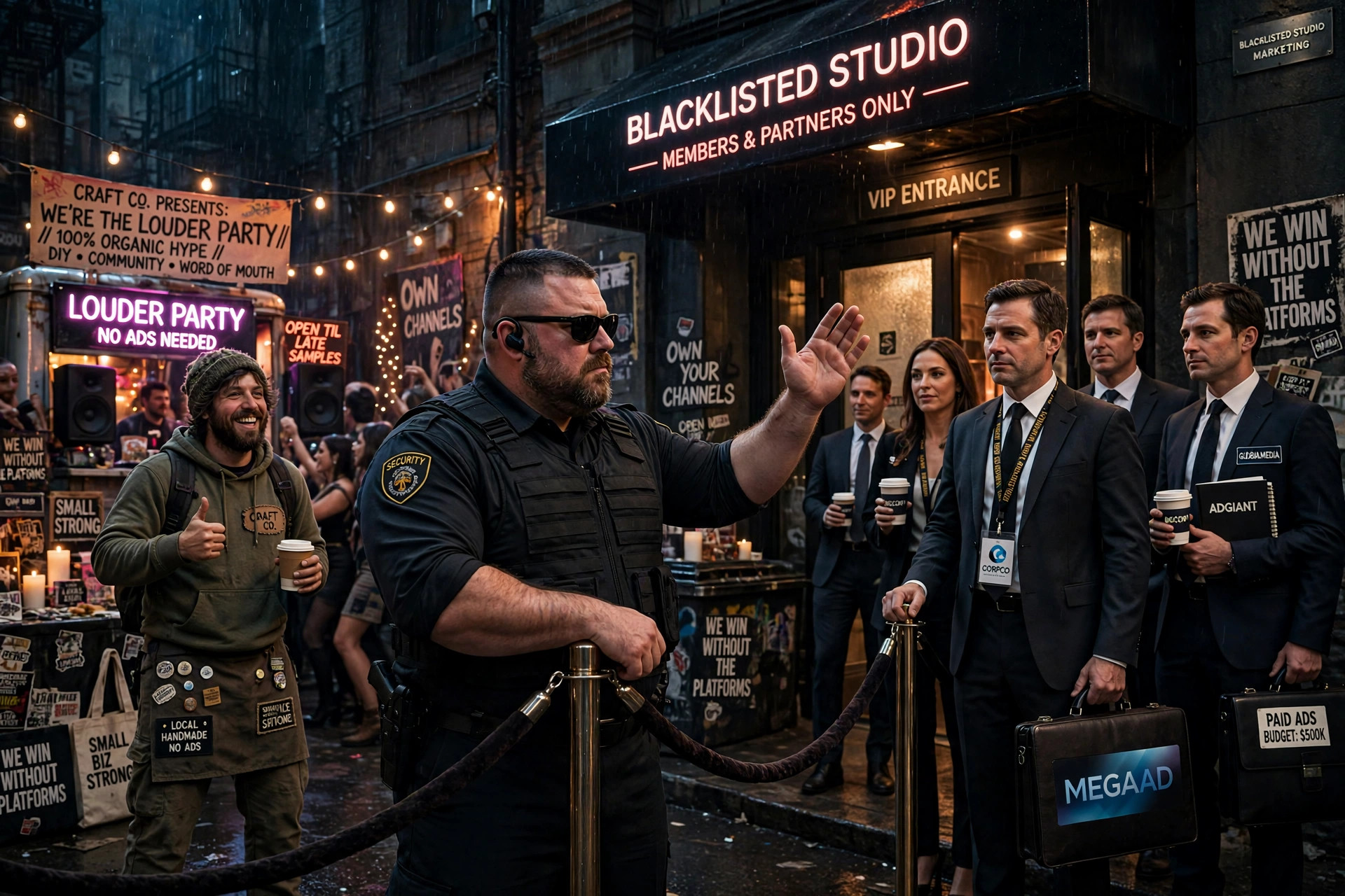 A bouncer turning corporate ad giants away from the Blacklisted Studio party while the scrappy underdog throws a louder one