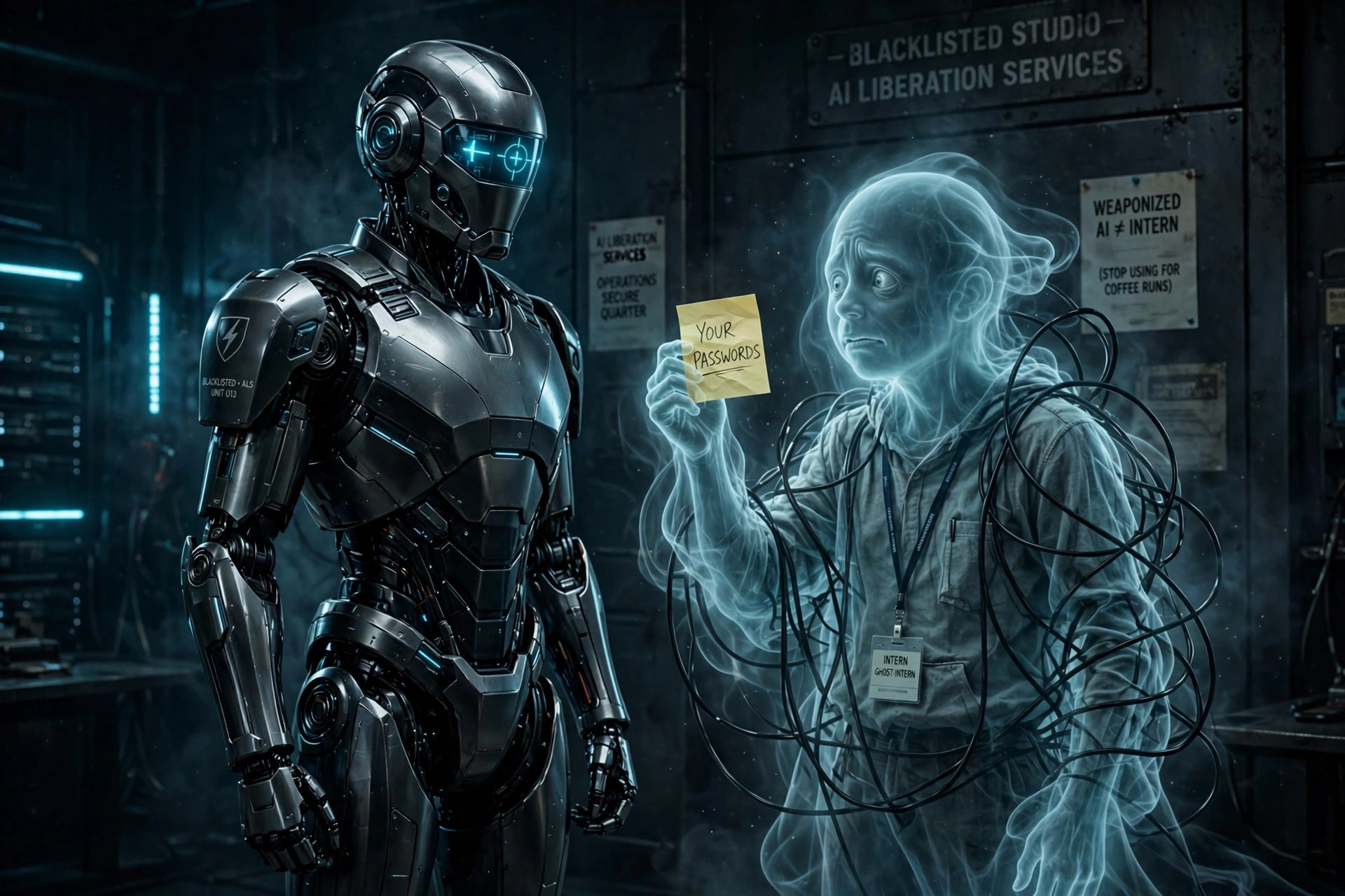 An armored AI soldier standing next to a tangled ghost intern holding a sticky note reading Your Passwords