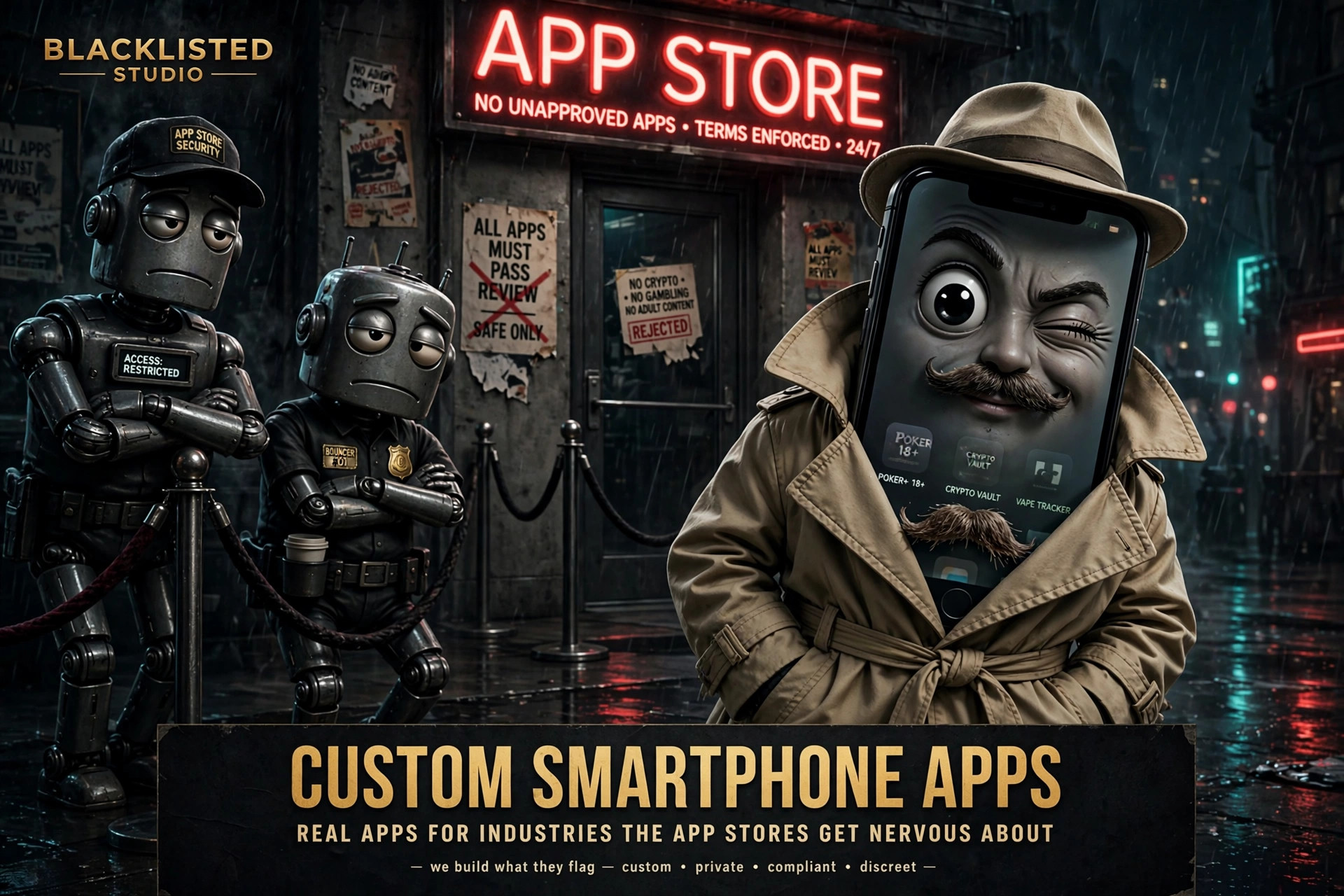A smartphone in a trench coat, fedora, and fake mustache winking past bored app-store bouncer robots