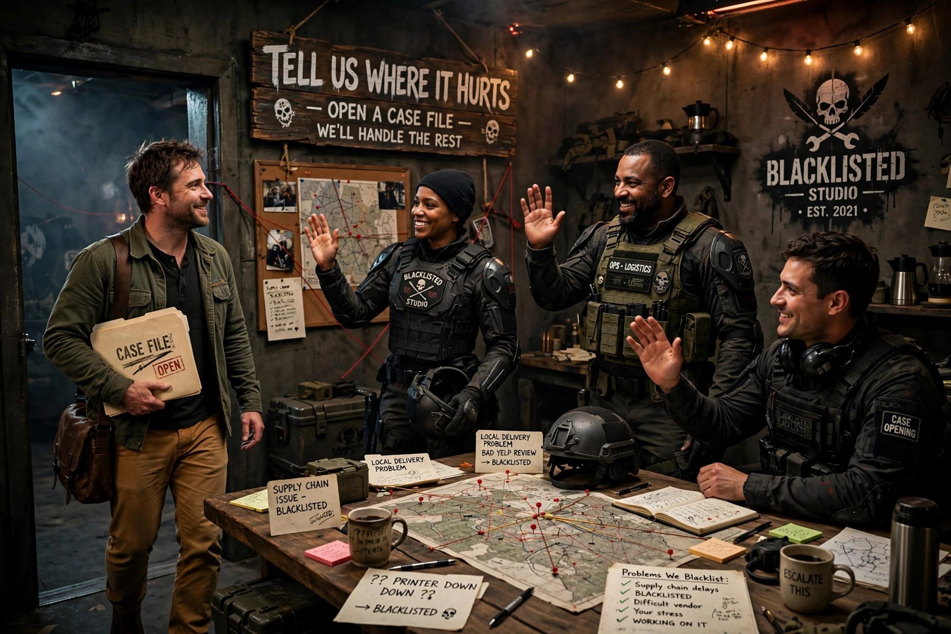 The Blacklisted Studio war room crew waving in a business owner carrying a case file — tell us where it hurts