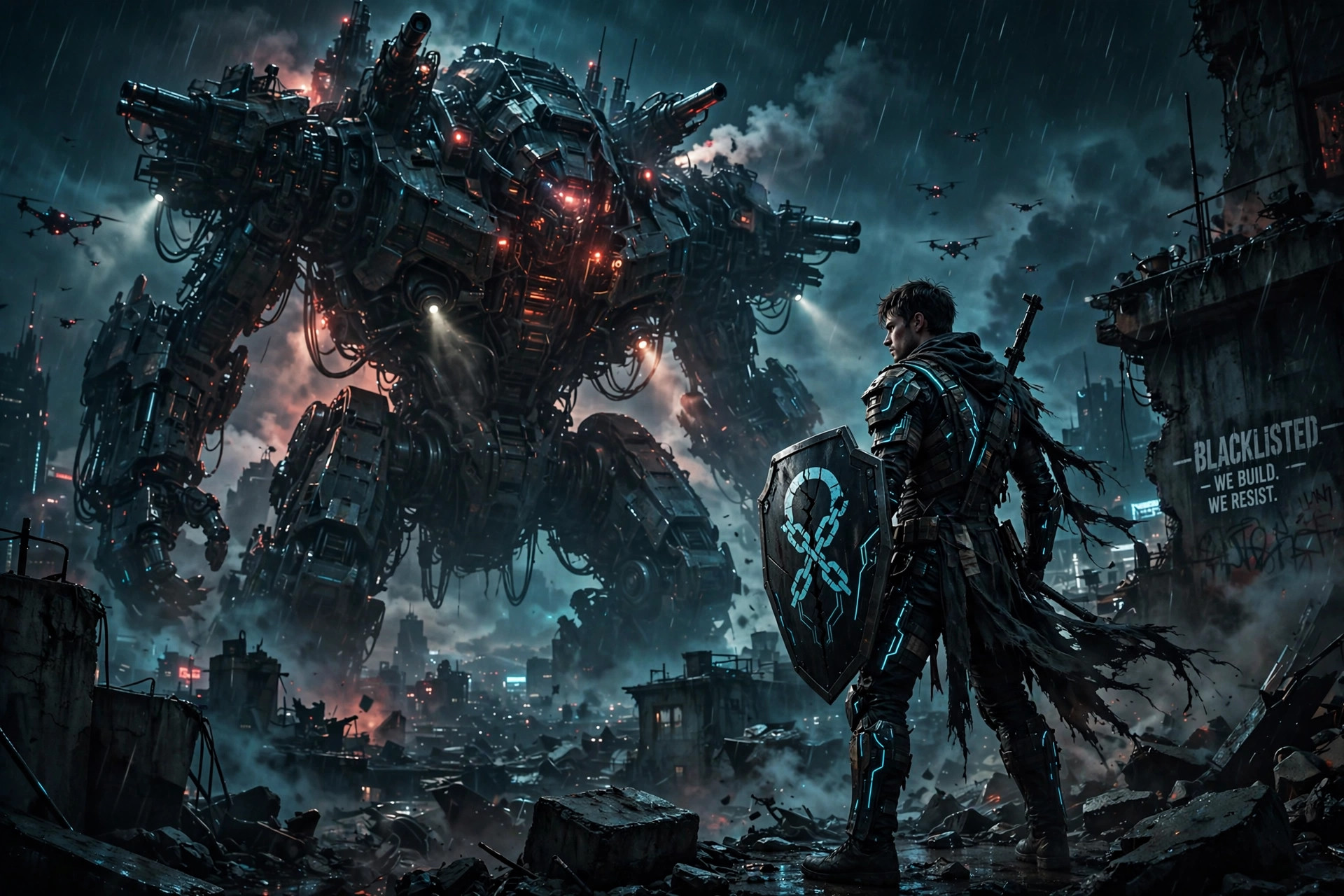 A lone armored fighter standing defiant before a giant war machine — the blacklisted underdog against the system