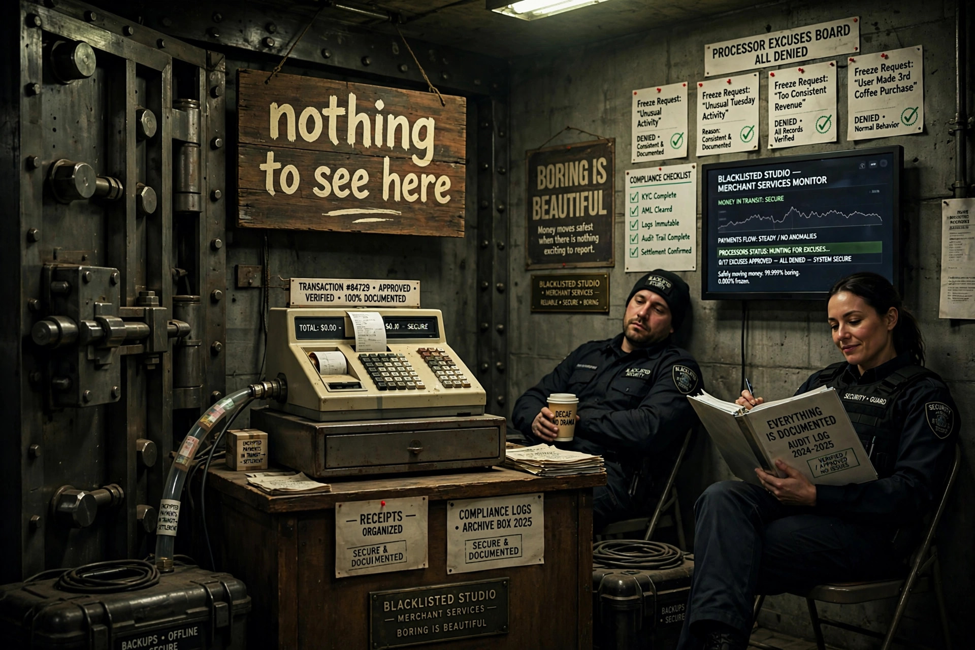 A fortified vault office with a nothing to see here sign — boring, documented, and beautiful money movement
