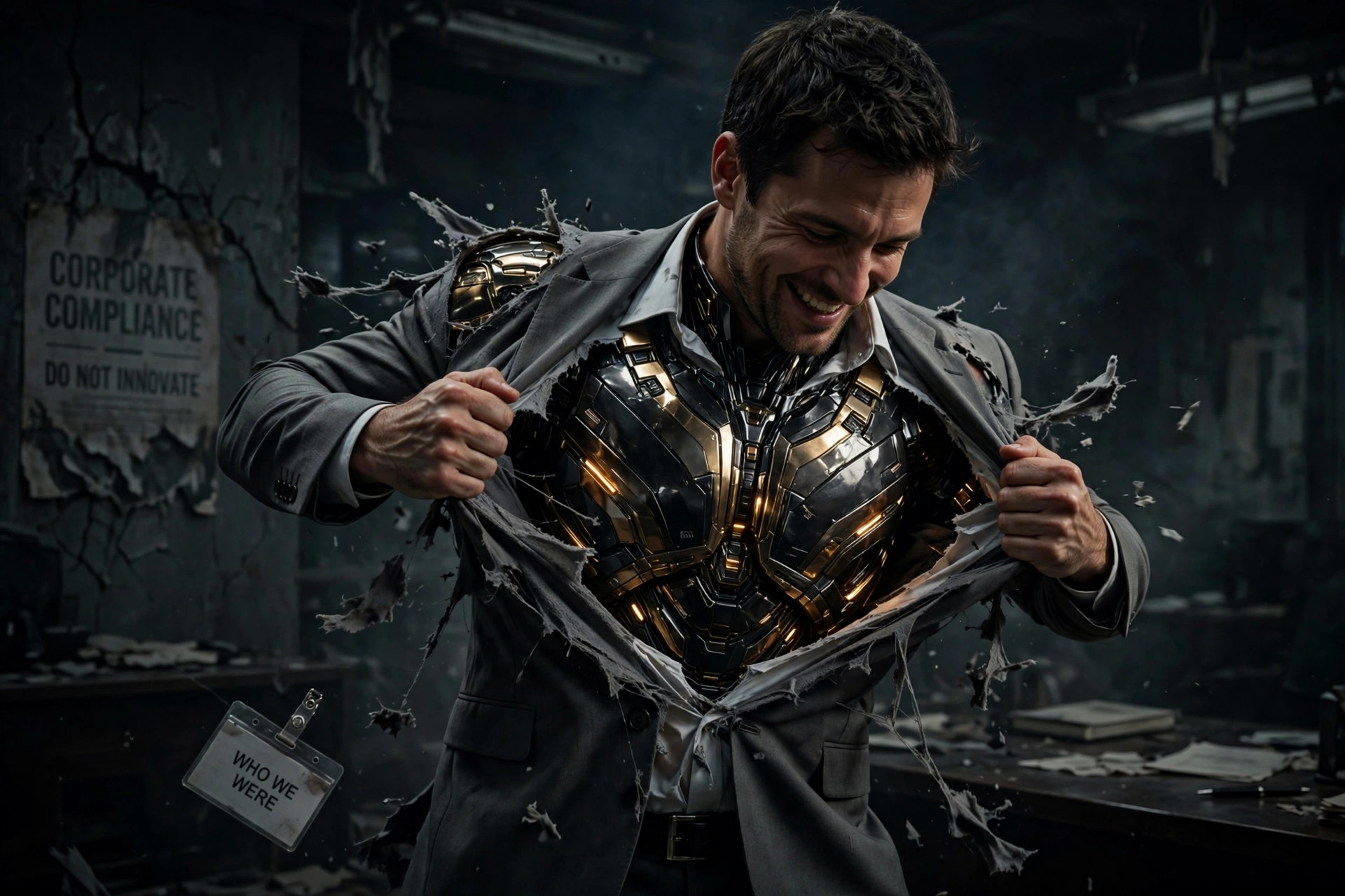 A businessman tearing off a dull corporate suit to reveal gleaming rebel armor underneath