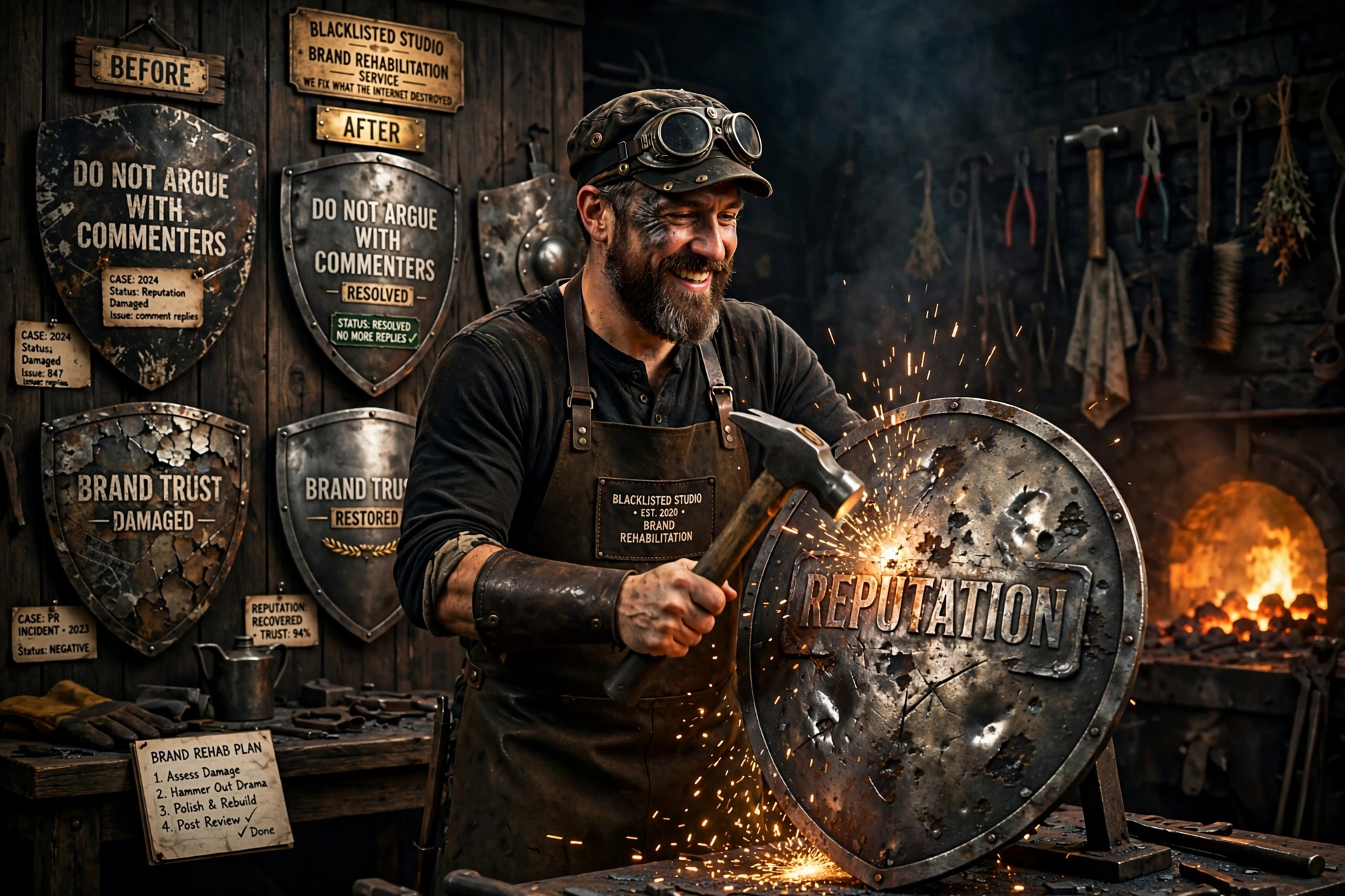 A cheerful blacksmith hammering dents out of a shield labeled Reputation — brand rehab plan on the wall