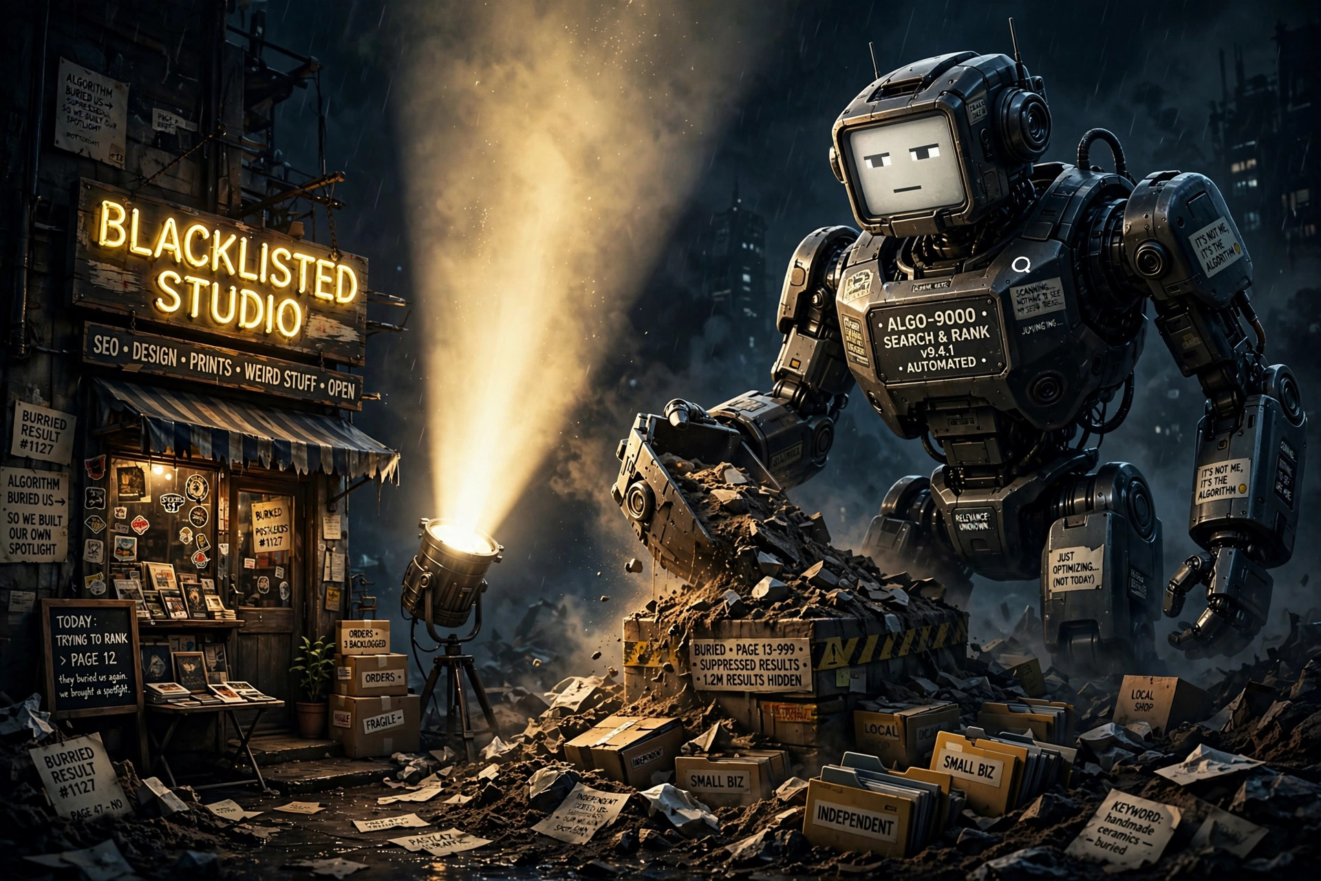 A tiny Blacklisted Studio shop shining its own giant spotlight while the ALGO-9000 robot buries search results