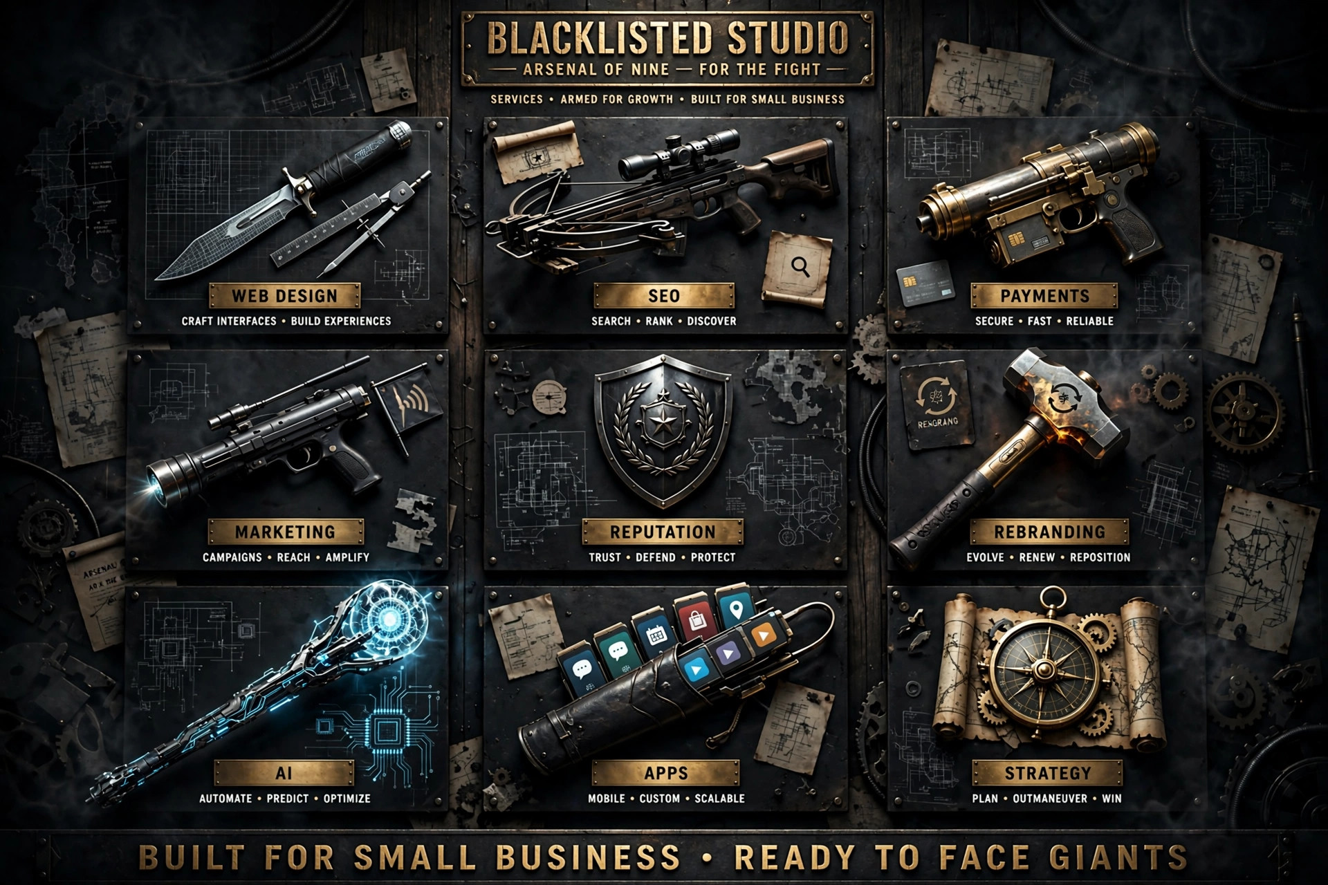An arsenal of weapons arrayed for battle — nine services forged for the fight against the giants