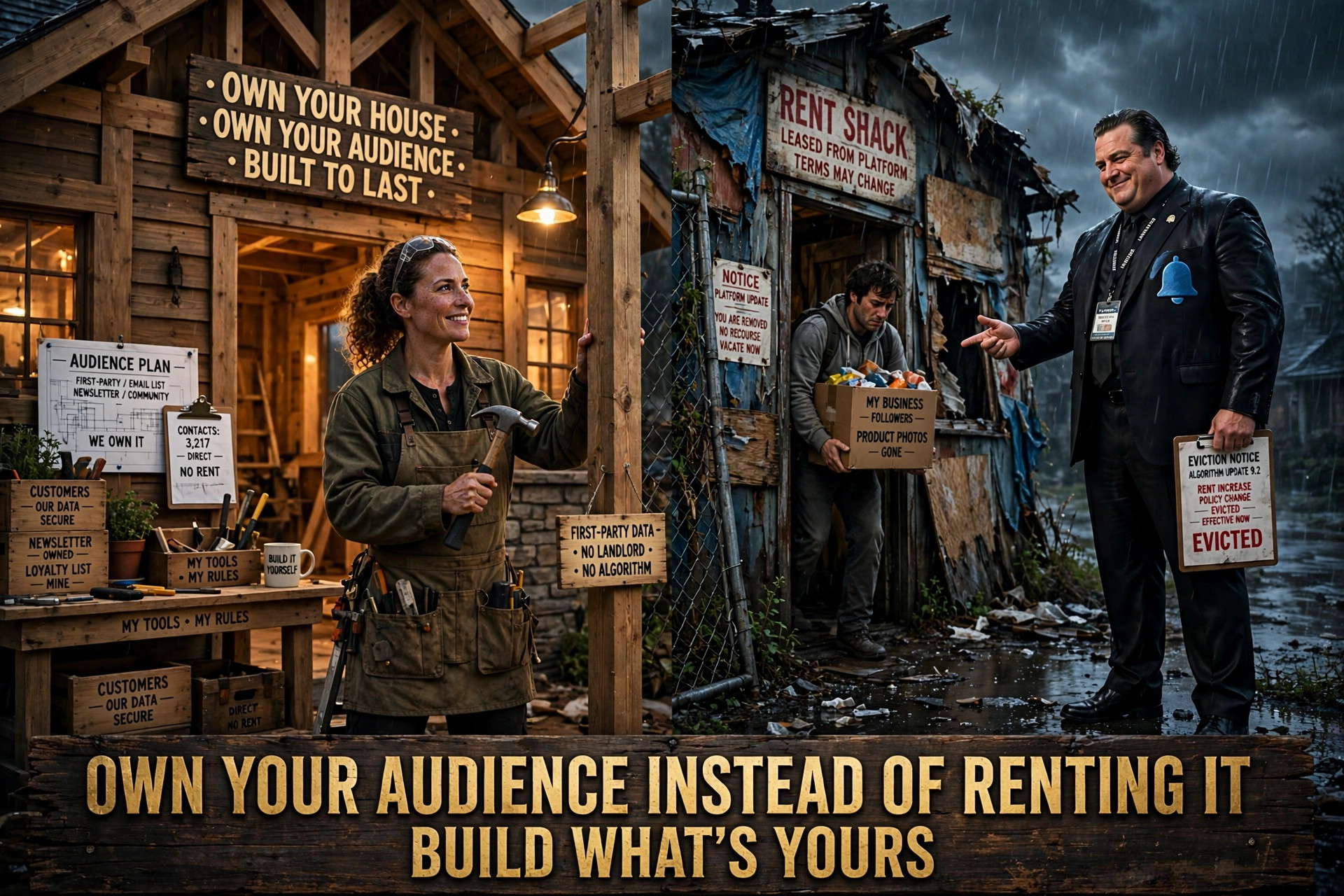 Own your house, own your audience — a sturdy owned home next to a platform landlord evicting a renter
