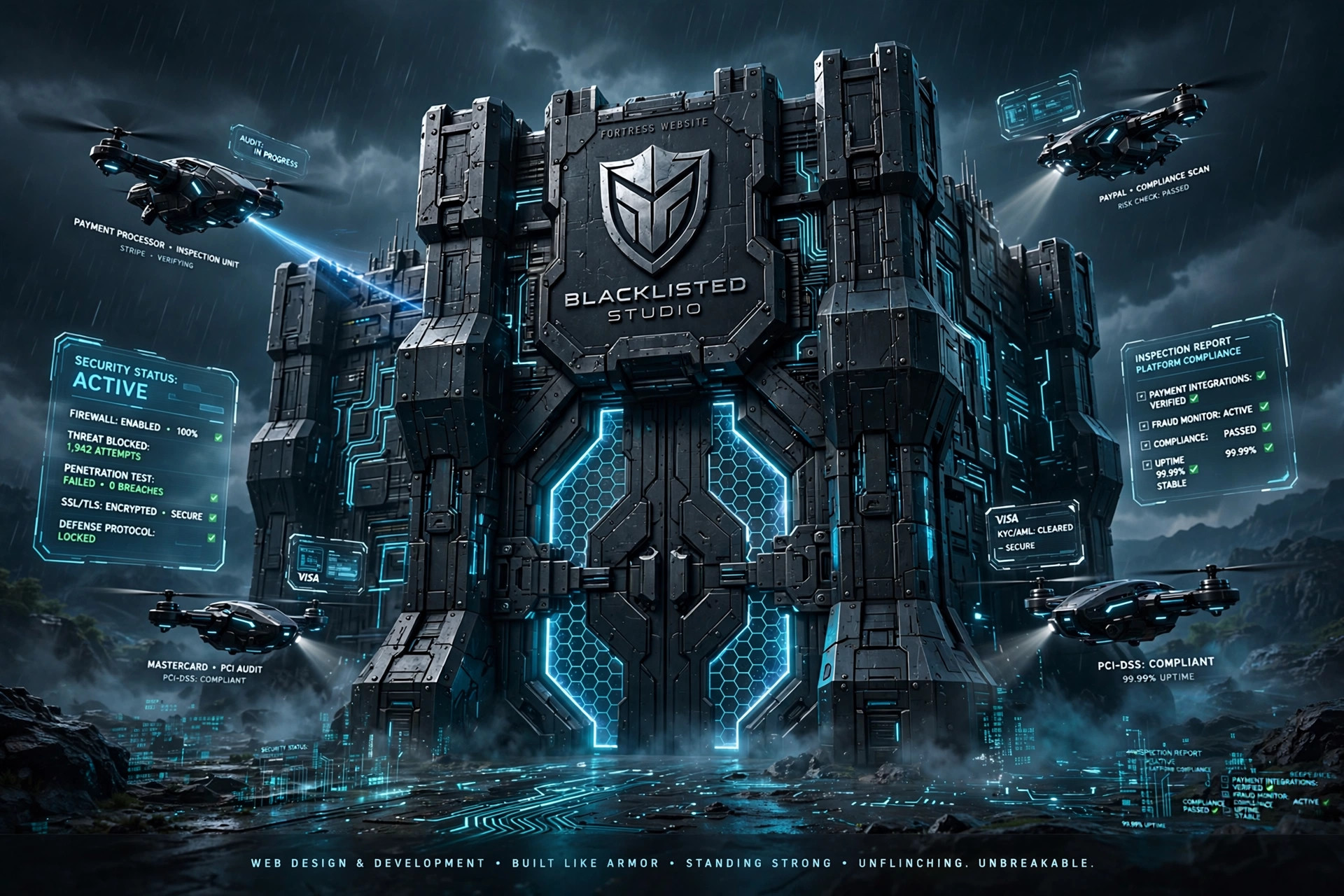 A fortress website standing unbreakable under inspection — digital armor for blacklisted businesses